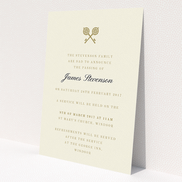A funeral announcement card called 'Cross Keys'. It is an A5 card in a portrait orientation. 'Cross Keys' is available as a flat card, with tones of cream and gold.