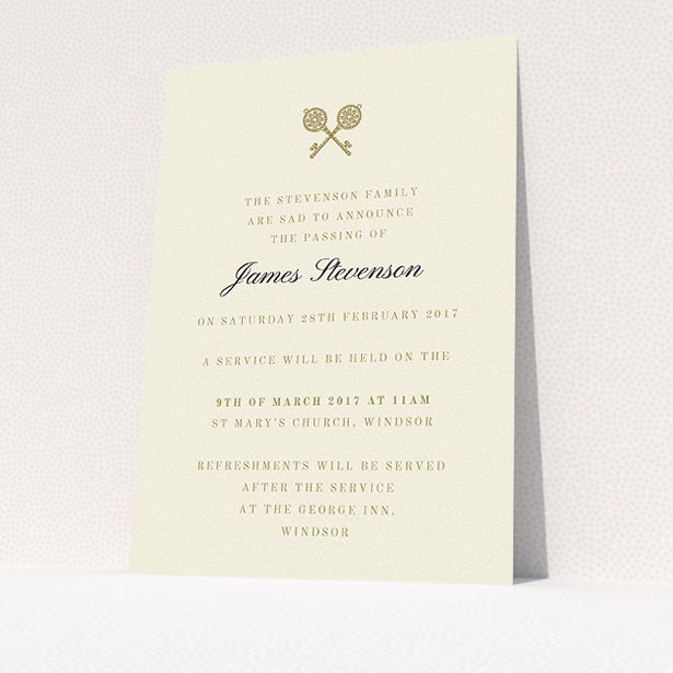 A funeral announcement card called "Cross Keys". It is an A5 card in a portrait orientation. "Cross Keys" is available as a flat card, with tones of cream and gold.