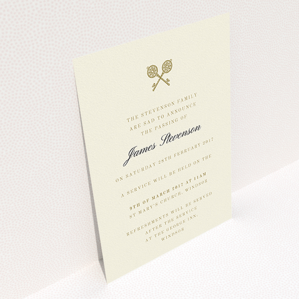 A funeral announcement card called "Cross Keys". It is an A5 card in a portrait orientation. "Cross Keys" is available as a flat card, with tones of cream and gold.