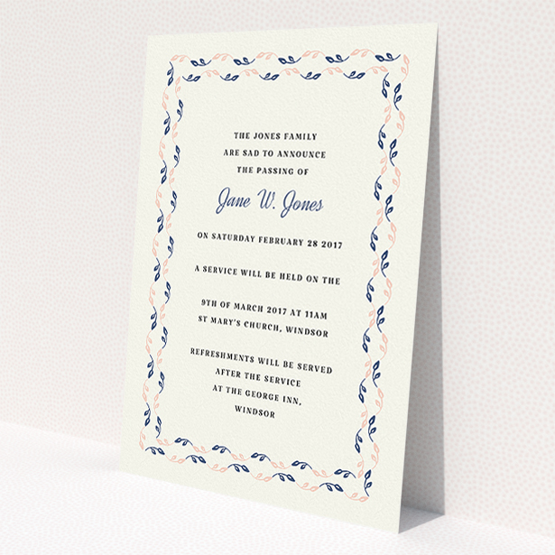 A funeral announcement card design called "Explosion of leaves". It is an A5 card in a portrait orientation. "Explosion of leaves" is available as a flat card, with mainly cream colouring.