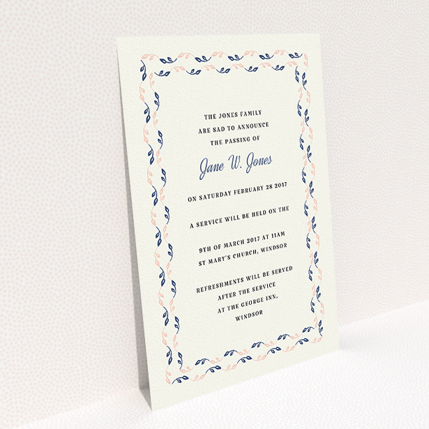 A funeral announcement card design called "Explosion of leaves". It is an A5 card in a portrait orientation. "Explosion of leaves" is available as a flat card, with mainly cream colouring.