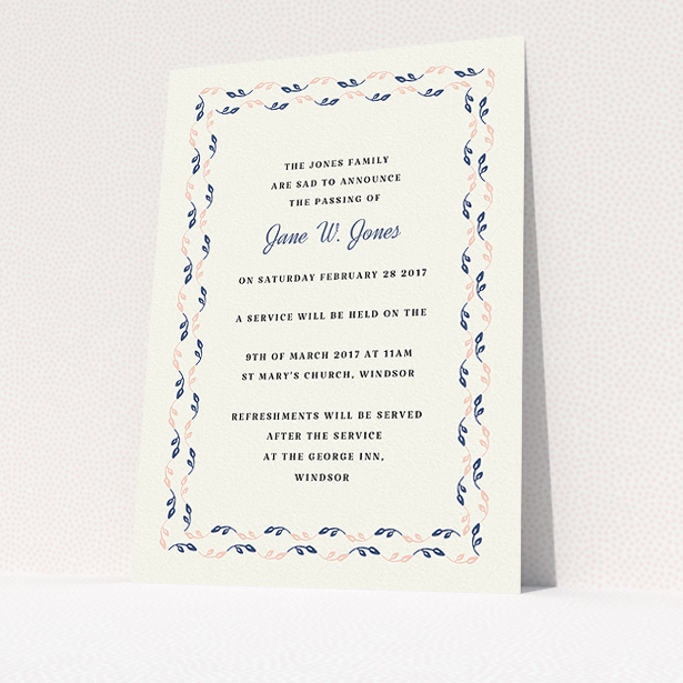 A funeral announcement card design called "Explosion of leaves". It is an A5 card in a portrait orientation. "Explosion of leaves" is available as a flat card, with mainly cream colouring.