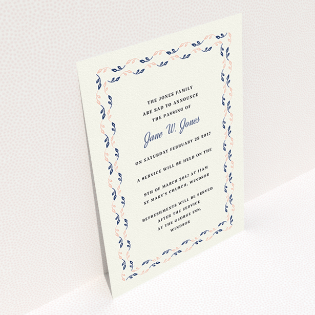A funeral announcement card design called "Explosion of leaves". It is an A5 card in a portrait orientation. "Explosion of leaves" is available as a flat card, with mainly cream colouring.