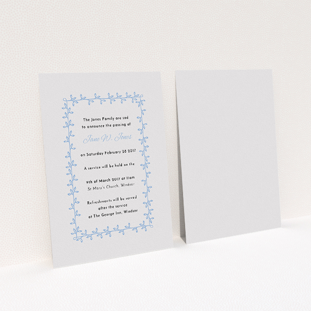 A funeral announcement card design called "Explosion of leaves". It is an A5 card in a portrait orientation. "Explosion of leaves" is available as a flat card, with mainly cream colouring.
