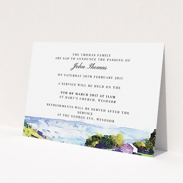 A funeral announcement card design titled "Into the hills". It is an A5 card in a landscape orientation. "Into the hills" is available as a flat card, with tones of white, blue and green.