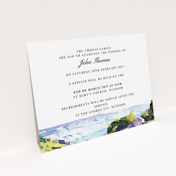 A funeral announcement card design titled "Into the hills". It is an A5 card in a landscape orientation. "Into the hills" is available as a flat card, with tones of white, blue and green.