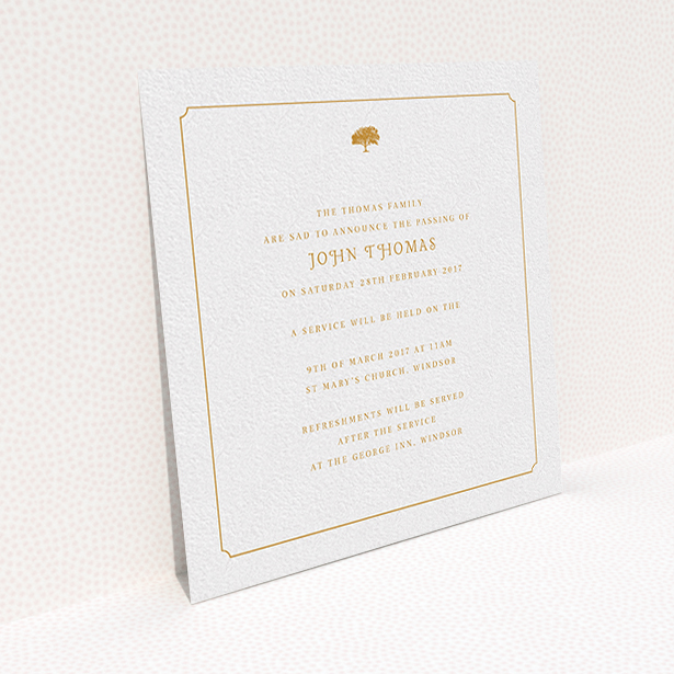 A funeral announcement card design called "Orange notched border". It is a square (148mm x 148mm) card in a square orientation. "Orange notched border" is available as a flat card, with tones of white and orange.
