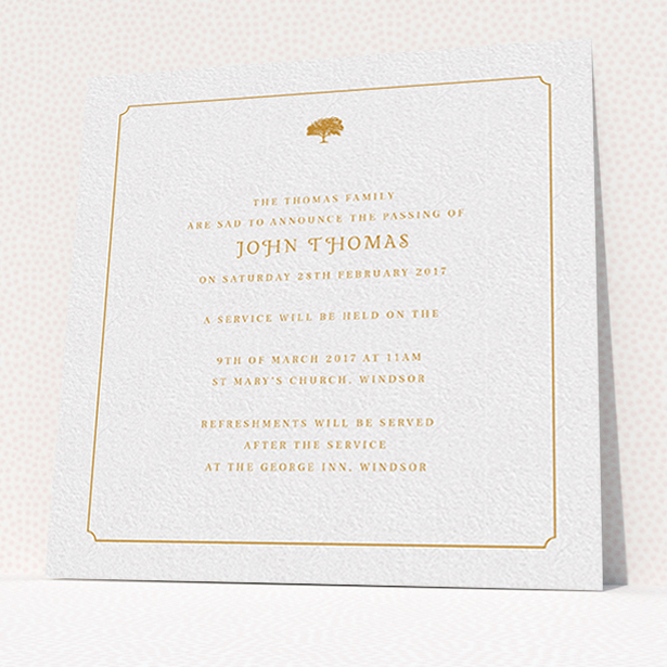 A funeral announcement card design called "Orange notched border". It is a square (148mm x 148mm) card in a square orientation. "Orange notched border" is available as a flat card, with tones of white and orange.