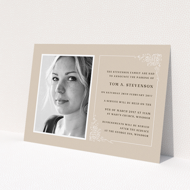 A funeral announcement card template titled 'Peach border'. It is an A5 card in a landscape orientation. It is a photographic funeral announcement card with room for 1 photo. 'Peach border' is available as a flat card, with mainly dark cream colouring.