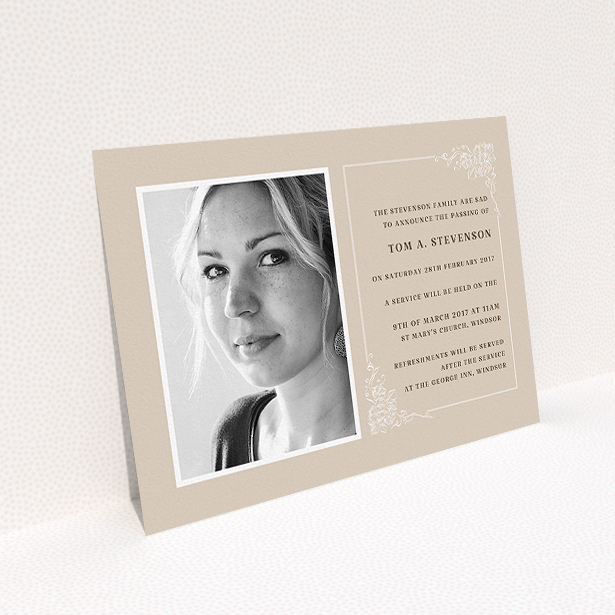 A funeral announcement card template titled "Peach border". It is an A5 card in a landscape orientation. It is a photographic funeral announcement card with room for 1 photo. "Peach border" is available as a flat card, with mainly dark cream colouring.