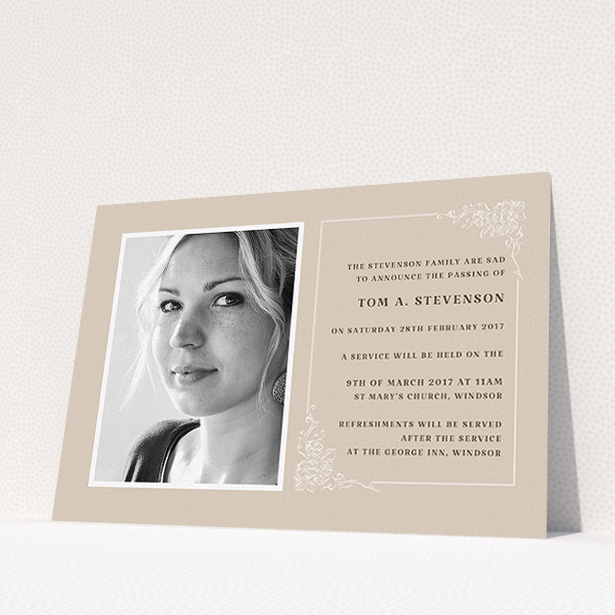 A funeral announcement card template titled "Peach border". It is an A5 card in a landscape orientation. It is a photographic funeral announcement card with room for 1 photo. "Peach border" is available as a flat card, with mainly dark cream colouring.
