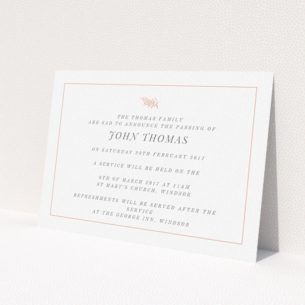 A funeral announcement card design called 'Pink olive branch'. It is an A5 card in a landscape orientation. 'Pink olive branch' is available as a flat card, with tones of white and pink.