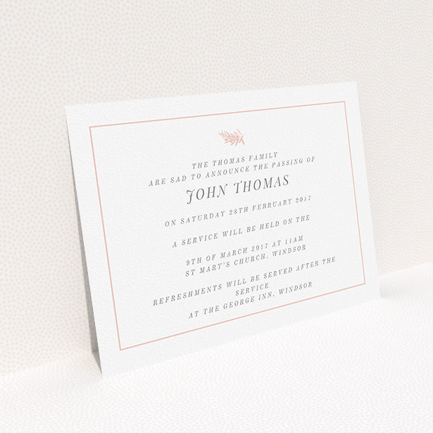 A funeral announcement card design called "Pink olive branch". It is an A5 card in a landscape orientation. "Pink olive branch" is available as a flat card, with tones of white and pink.