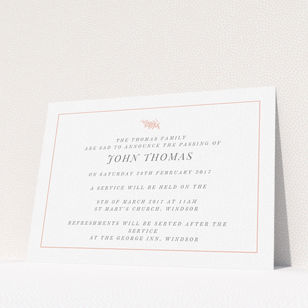 A funeral announcement card design called "Pink olive branch". It is an A5 card in a landscape orientation. "Pink olive branch" is available as a flat card, with tones of white and pink.