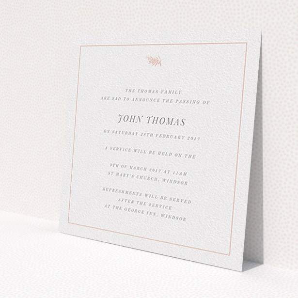 A funeral announcement card design titled 'Pink olive branch'. It is a square (148mm x 148mm) card in a square orientation. 'Pink olive branch' is available as a flat card, with tones of white and pink.