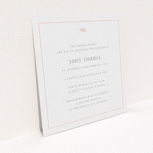 A funeral announcement card design titled "Pink olive branch". It is a square (148mm x 148mm) card in a square orientation. "Pink olive branch" is available as a flat card, with tones of white and pink.