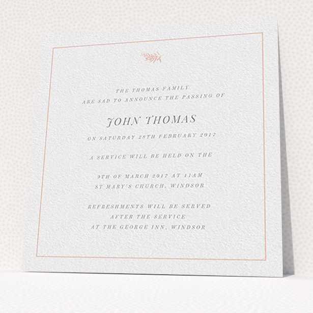 A funeral announcement card design titled "Pink olive branch". It is a square (148mm x 148mm) card in a square orientation. "Pink olive branch" is available as a flat card, with tones of white and pink.