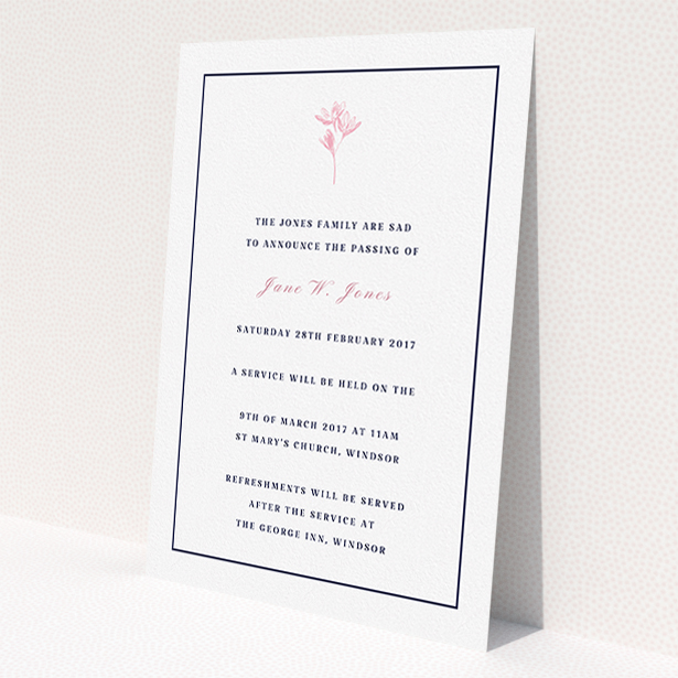 A funeral announcement card design named 'Simplistic daisy'. It is an A5 card in a portrait orientation. 'Simplistic daisy' is available as a flat card, with tones of white and pink.