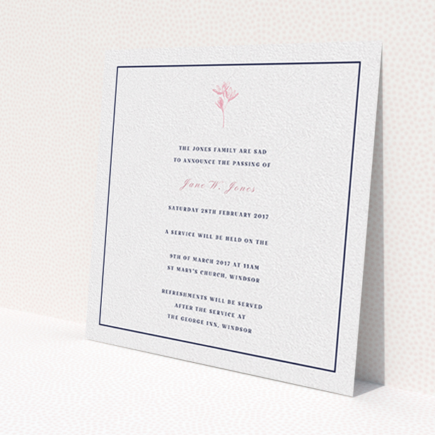 A funeral announcement card design called 'Simplistic daisy'. It is a square (148mm x 148mm) card in a square orientation. 'Simplistic daisy' is available as a flat card, with tones of white and pink.