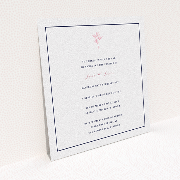 A funeral announcement card design called "Simplistic daisy". It is a square (148mm x 148mm) card in a square orientation. "Simplistic daisy" is available as a flat card, with tones of white and pink.