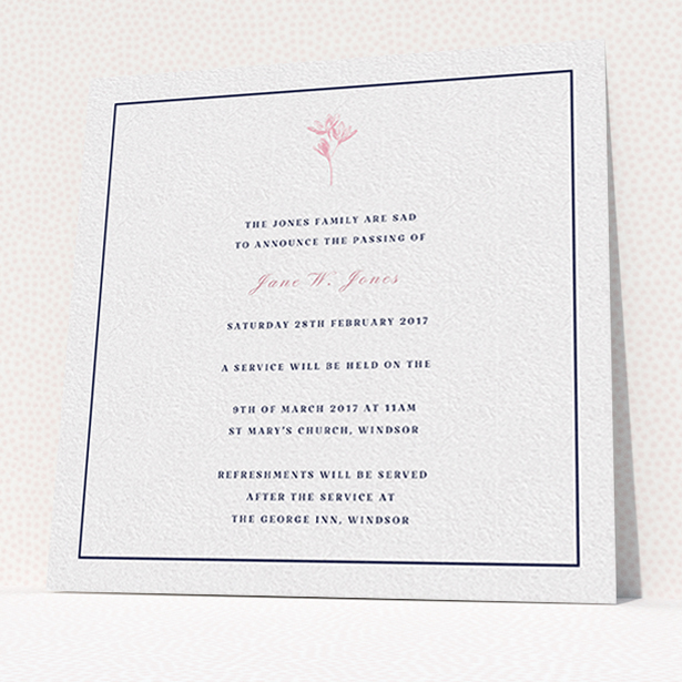 A funeral announcement card design called "Simplistic daisy". It is a square (148mm x 148mm) card in a square orientation. "Simplistic daisy" is available as a flat card, with tones of white and pink.