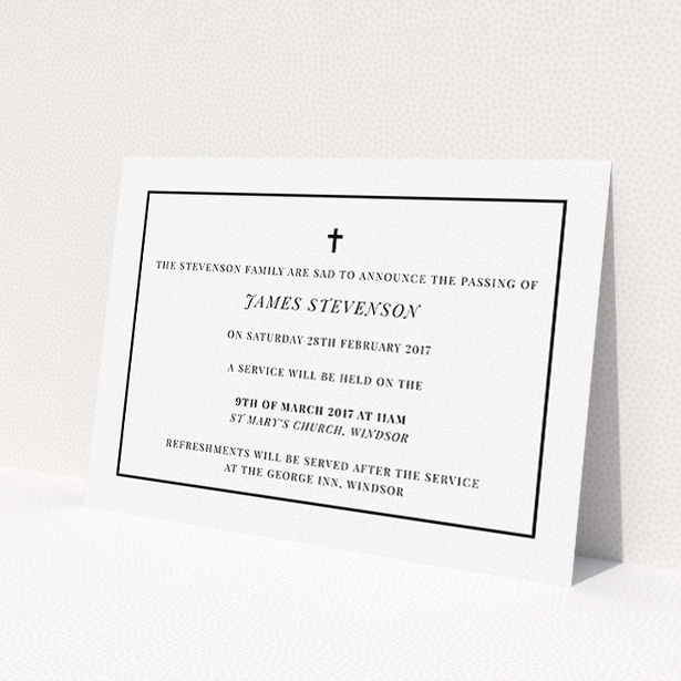 A funeral announcement card design named "The simple messenger". It is an A5 card in a landscape orientation. "The simple messenger" is available as a flat card, with tones of white and black.