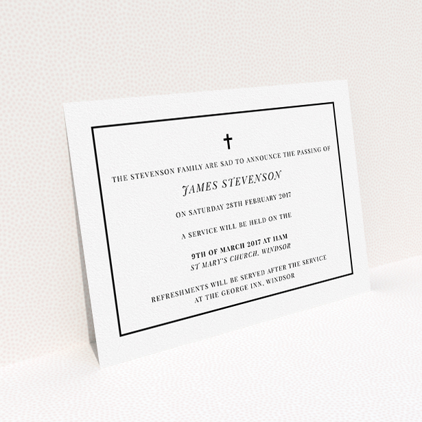 A funeral announcement card design named "The simple messenger". It is an A5 card in a landscape orientation. "The simple messenger" is available as a flat card, with tones of white and black.