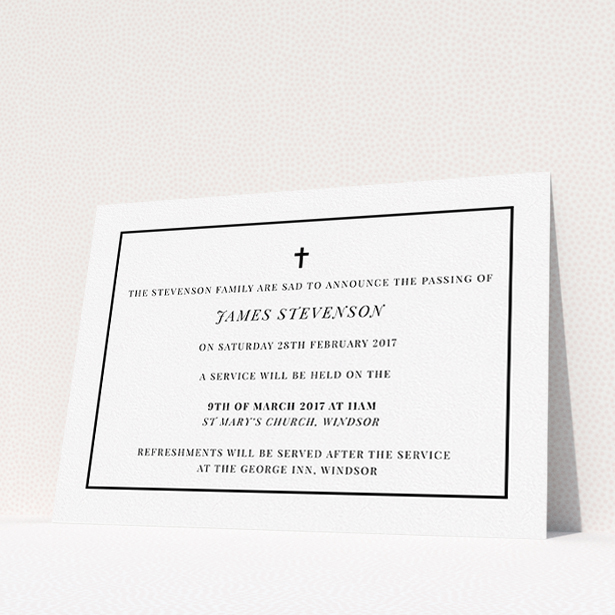 A funeral announcement card design named "The simple messenger". It is an A5 card in a landscape orientation. "The simple messenger" is available as a flat card, with tones of white and black.