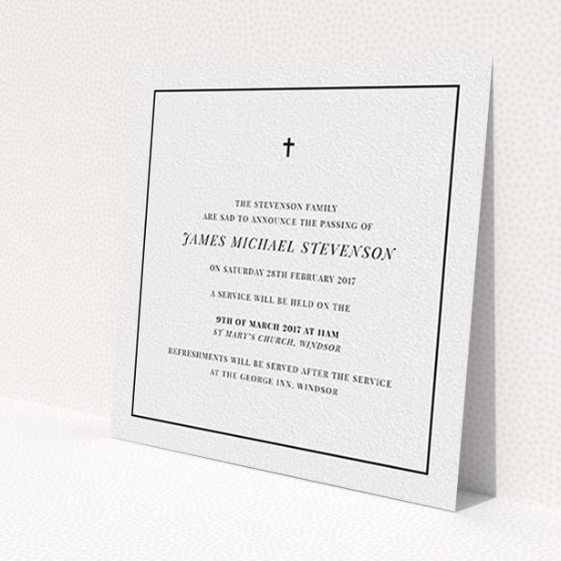 A funeral announcement card template titled "The simple messenger". It is a square (148mm x 148mm) card in a square orientation. "The simple messenger" is available as a flat card, with tones of white and black.