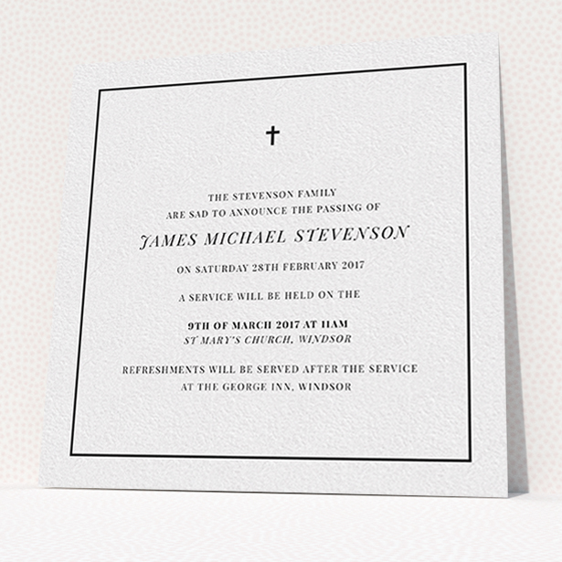 A funeral announcement card template titled "The simple messenger". It is a square (148mm x 148mm) card in a square orientation. "The simple messenger" is available as a flat card, with tones of white and black.