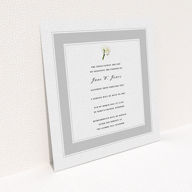 A funeral invite named "A bouquet of remembrance". It is a square (148mm x 148mm) invite in a square orientation. "A bouquet of remembrance" is available as a flat invite, with tones of grey and white.