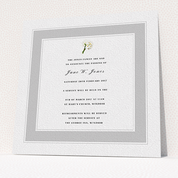 A funeral invite named "A bouquet of remembrance". It is a square (148mm x 148mm) invite in a square orientation. "A bouquet of remembrance" is available as a flat invite, with tones of grey and white.