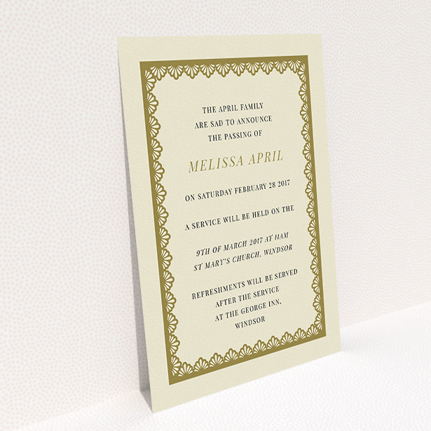 A funeral invite template titled "Golden stage". It is an A5 invite in a portrait orientation. "Golden stage" is available as a flat invite, with tones of cream and gold.