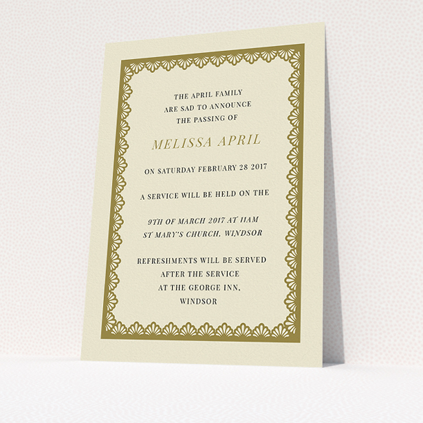 A funeral invite template titled "Golden stage". It is an A5 invite in a portrait orientation. "Golden stage" is available as a flat invite, with tones of cream and gold.