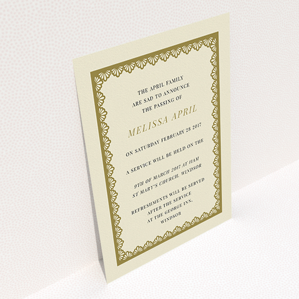 A funeral invite template titled "Golden stage". It is an A5 invite in a portrait orientation. "Golden stage" is available as a flat invite, with tones of cream and gold.