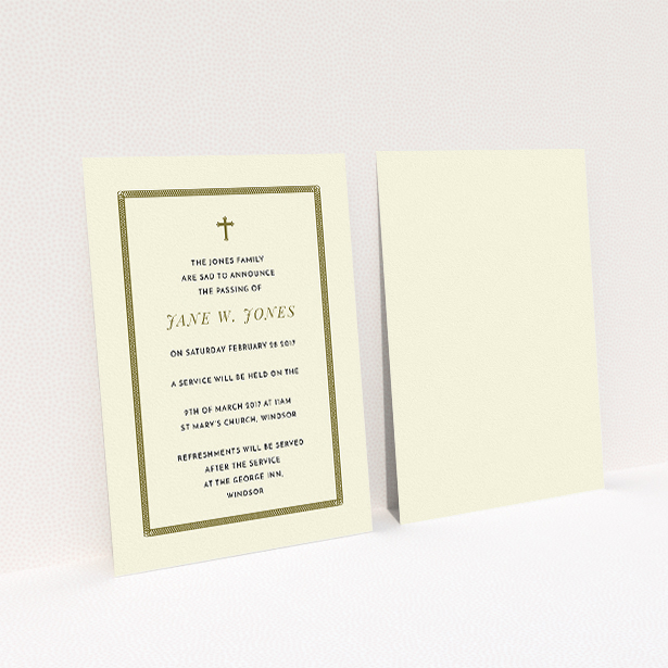 A funeral invite template titled "Golden stage". It is an A5 invite in a portrait orientation. "Golden stage" is available as a flat invite, with tones of cream and gold.