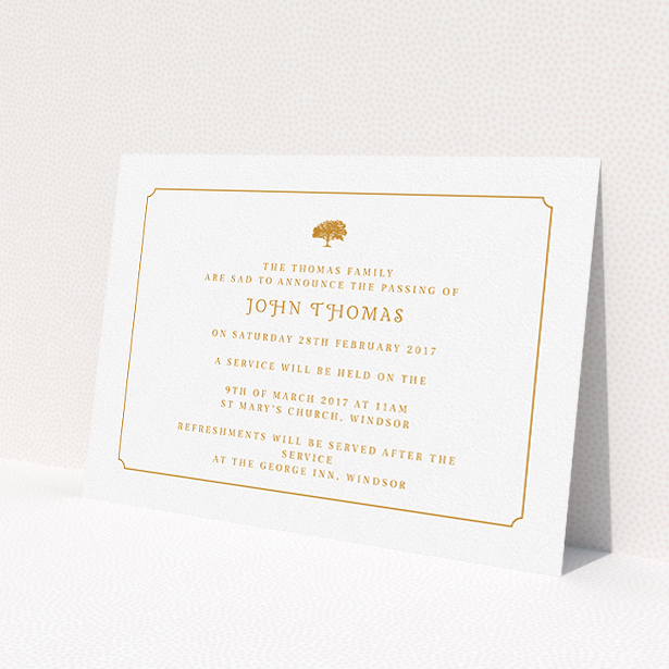 A funeral invite design named 'Orange notched border'. It is an A5 invite in a landscape orientation. 'Orange notched border' is available as a flat invite, with tones of white and orange.