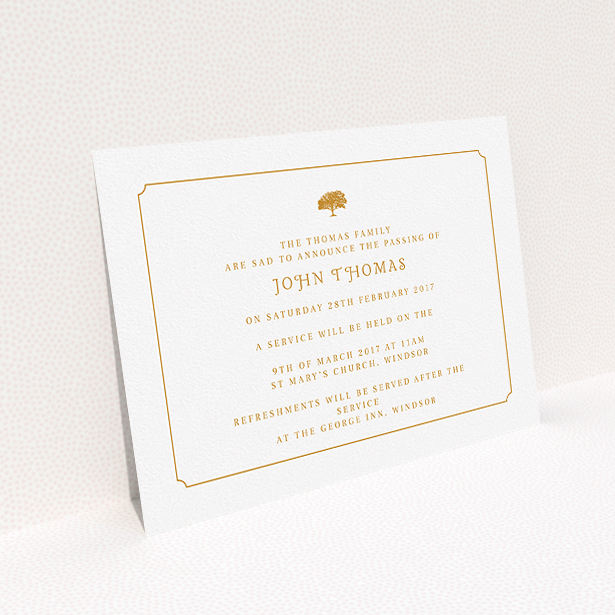 A funeral invite design named "Orange notched border". It is an A5 invite in a landscape orientation. "Orange notched border" is available as a flat invite, with tones of white and orange.