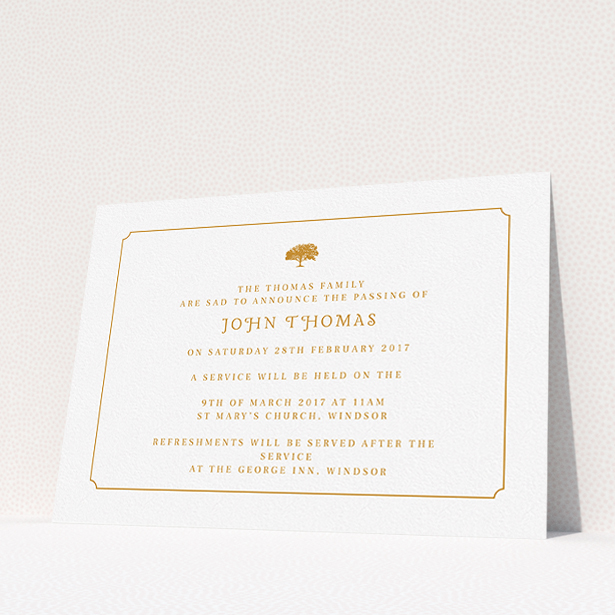 A funeral invite design named "Orange notched border". It is an A5 invite in a landscape orientation. "Orange notched border" is available as a flat invite, with tones of white and orange.