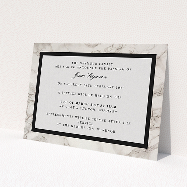 A funeral invite template titled 'Stead fast marble'. It is an A5 invite in a landscape orientation. 'Stead fast marble' is available as a flat invite, with tones of grey and black.