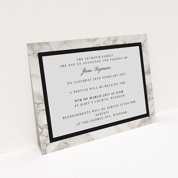 A funeral invite template titled "Stead fast marble". It is an A5 invite in a landscape orientation. "Stead fast marble" is available as a flat invite, with tones of grey and black.