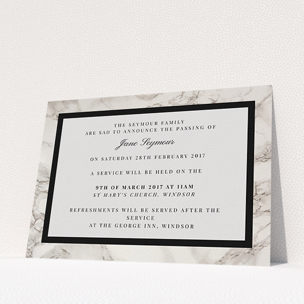 A funeral invite template titled "Stead fast marble". It is an A5 invite in a landscape orientation. "Stead fast marble" is available as a flat invite, with tones of grey and black.