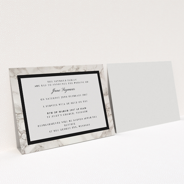 A funeral invite template titled "Stead fast marble". It is an A5 invite in a landscape orientation. "Stead fast marble" is available as a flat invite, with tones of grey and black.