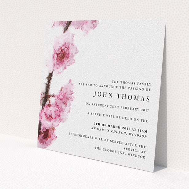 A funeral notification card called 'Blossom at an angle'. It is a square (148mm x 148mm) card in a square orientation. 'Blossom at an angle' is available as a flat card, with tones of pink and white.