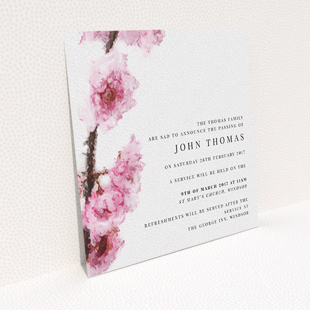 A funeral notification card called "Blossom at an angle". It is a square (148mm x 148mm) card in a square orientation. "Blossom at an angle" is available as a flat card, with tones of pink and white.