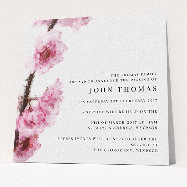 A funeral notification card called "Blossom at an angle". It is a square (148mm x 148mm) card in a square orientation. "Blossom at an angle" is available as a flat card, with tones of pink and white.