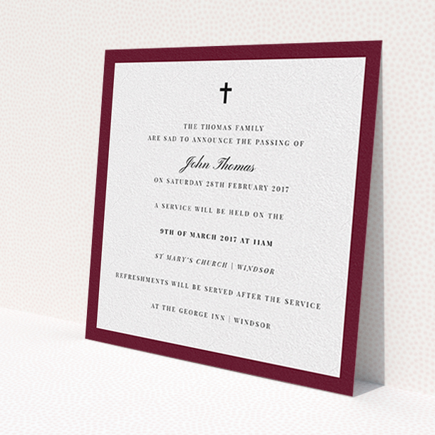 A funeral notification card design named 'Classic border'. It is a square (148mm x 148mm) card in a square orientation. 'Classic border' is available as a flat card, with tones of burgundy and white.