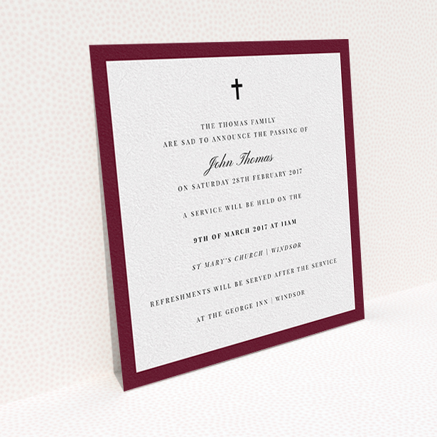 A funeral notification card design named "Classic border". It is a square (148mm x 148mm) card in a square orientation. "Classic border" is available as a flat card, with tones of burgundy and white.