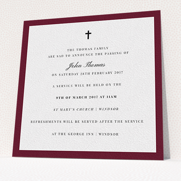 A funeral notification card design named "Classic border". It is a square (148mm x 148mm) card in a square orientation. "Classic border" is available as a flat card, with tones of burgundy and white.
