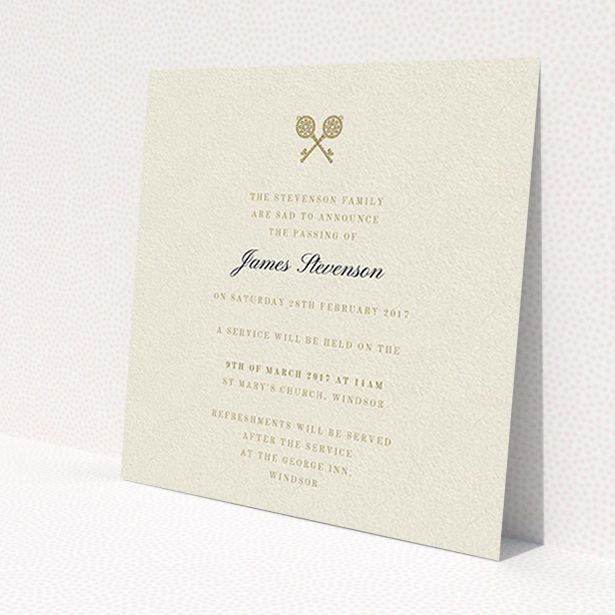 A funeral notification card design named 'Cross Keys'. It is a square (148mm x 148mm) card in a square orientation. 'Cross Keys' is available as a flat card, with tones of cream and gold.